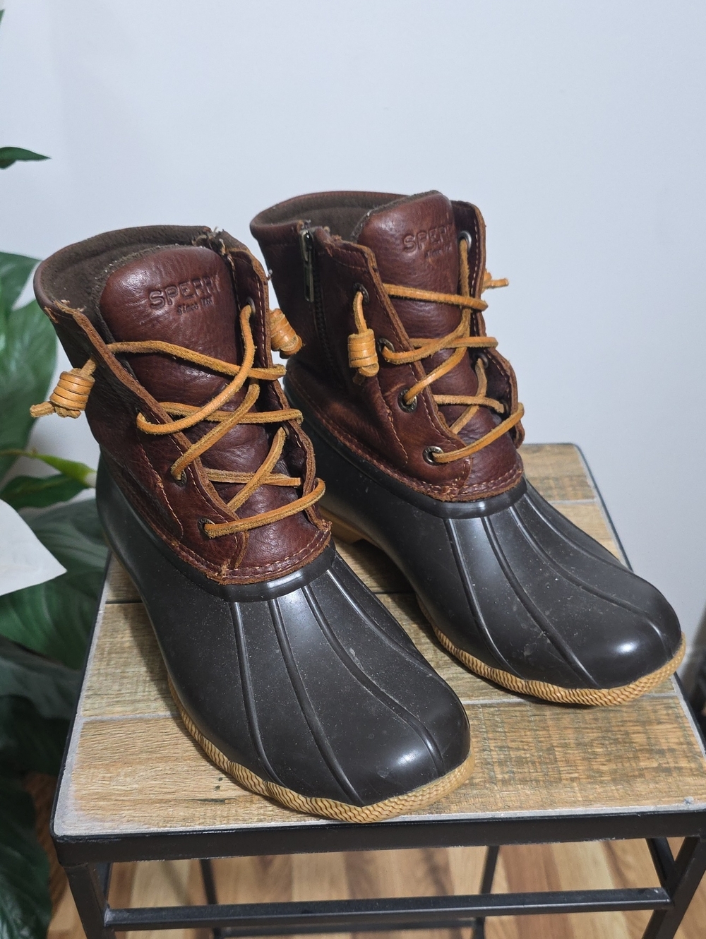 Sperry Brown Leather Rubber Duck Boots with Tan Laces